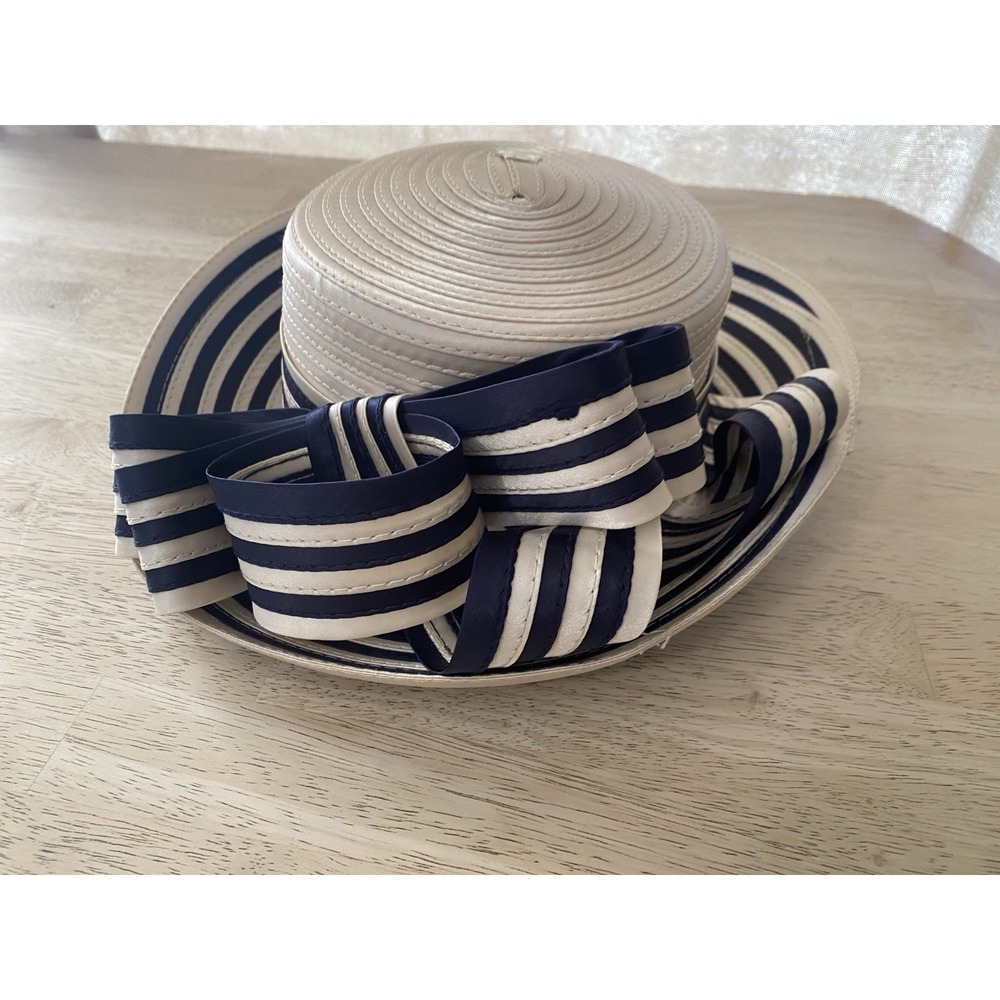 Vtg Cream Satin Ribbon Coiled Derby Hat Navy Stripe Bow Cocktail Tea Party 7" - Picture 2 of 11